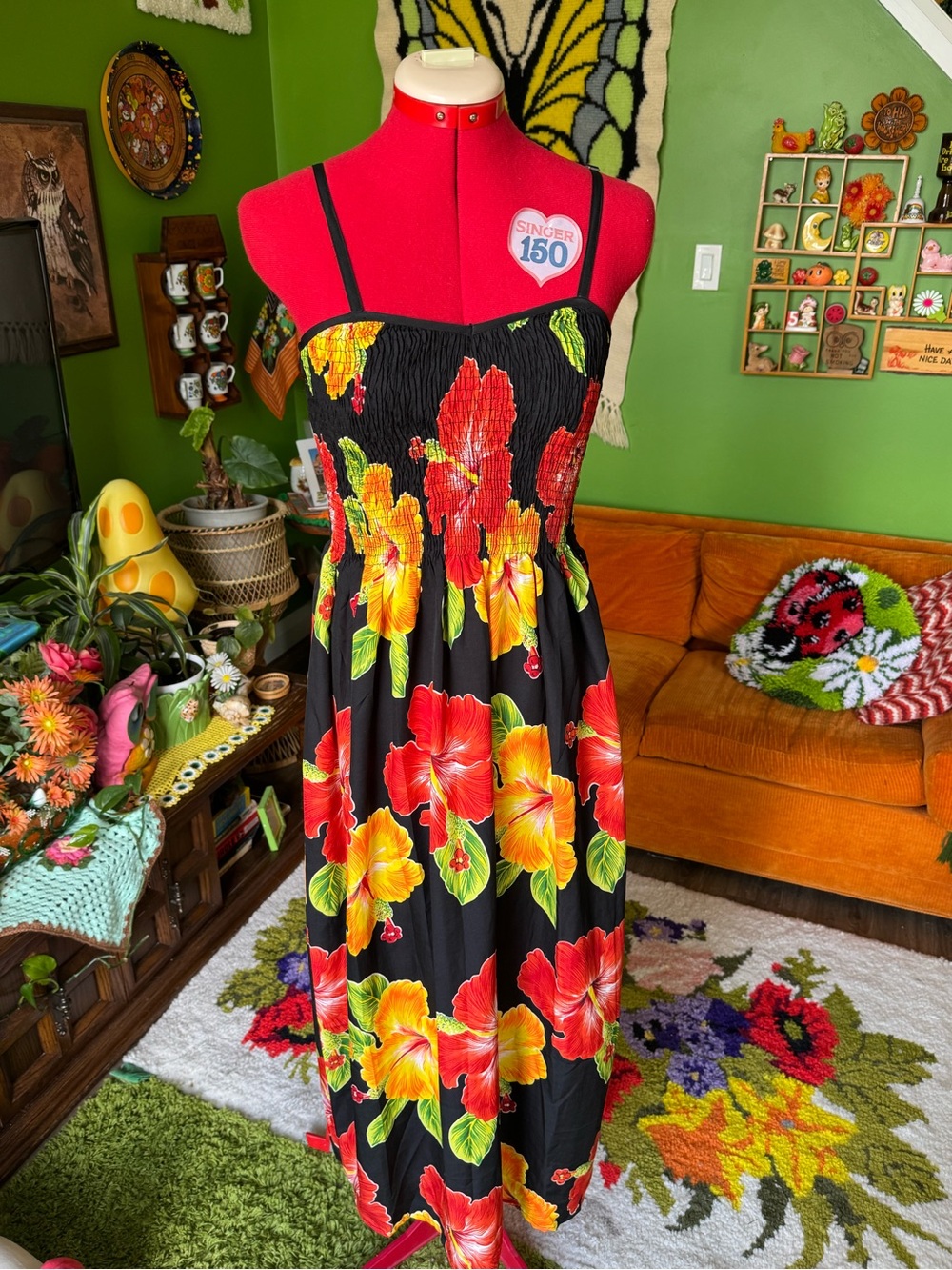 Vintage Maxi Dress with Red & Yellow Hibiscus Print